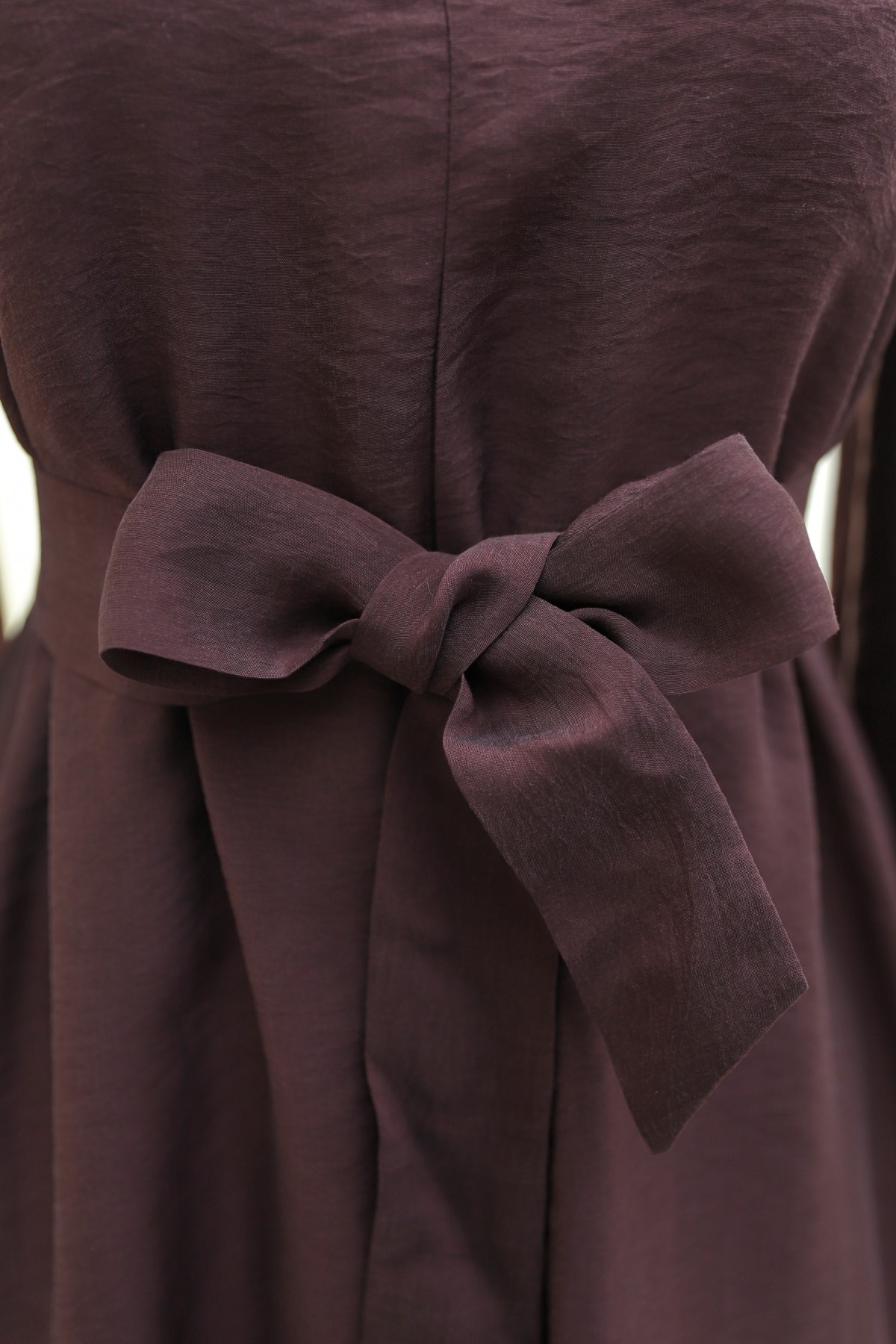 Brooch Detail Belted Lined Balloon Sleeve Tulle Voile Dress -Damson