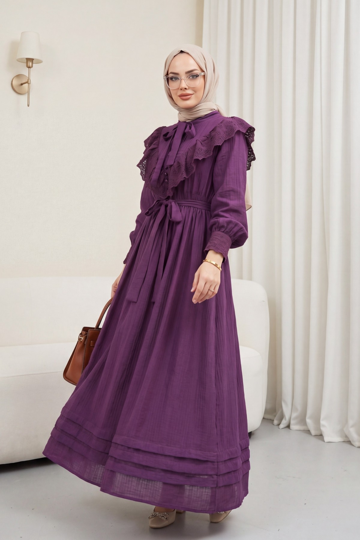 Lined crinkle dress with lace detailing at the neckline and waist.  - Purple