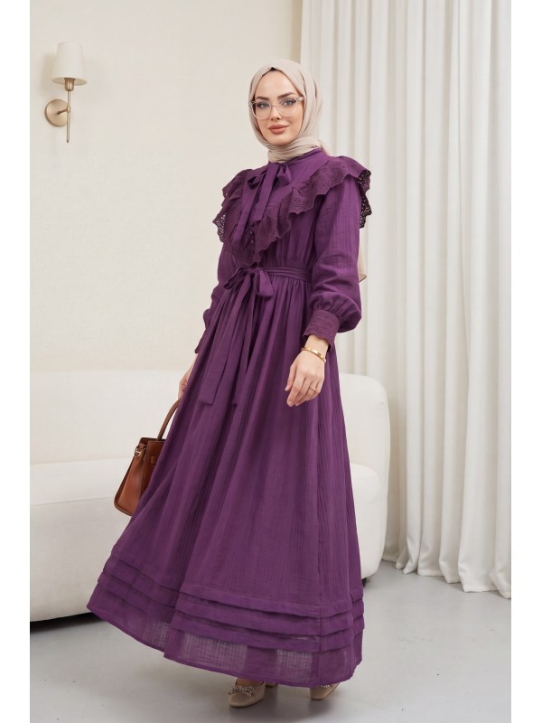 Lined crinkle dress with lace detailing at the neckline and waist.  - Purple