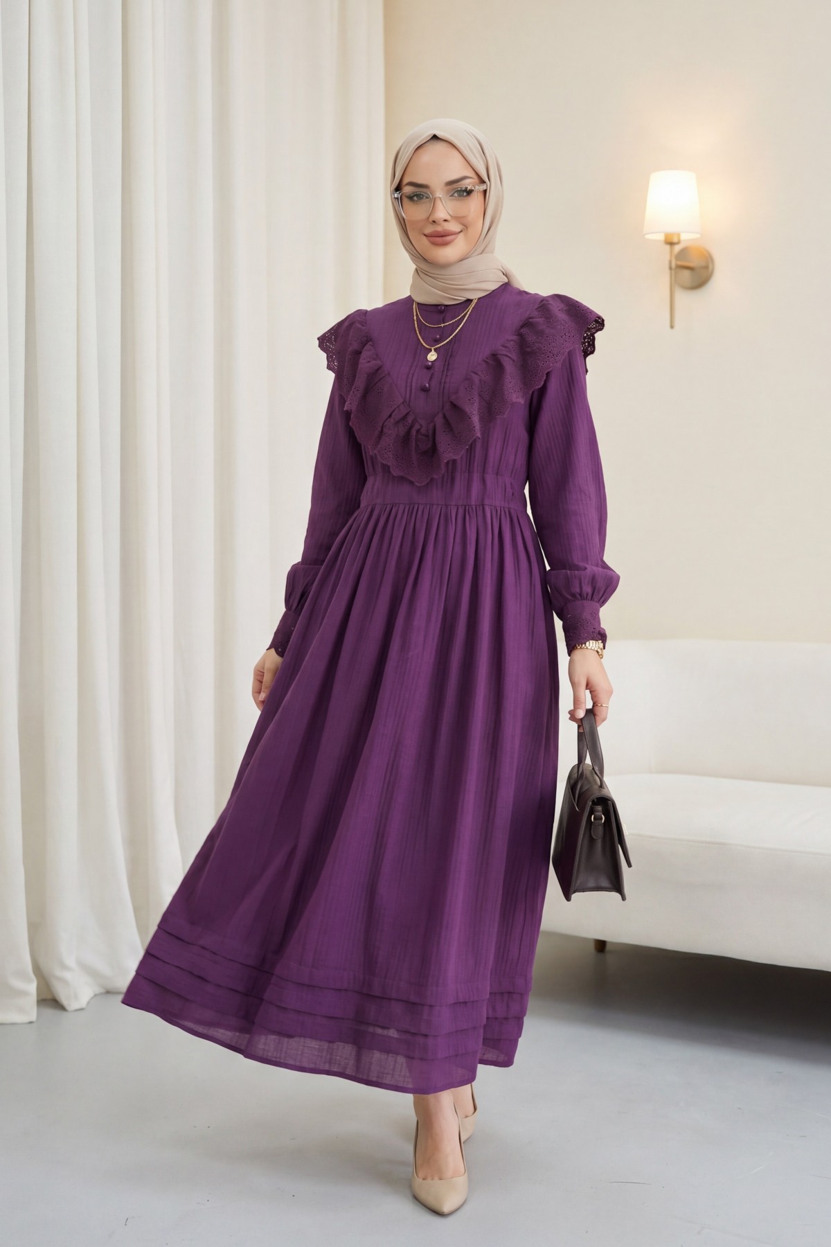 Yakası Ve Beli Bağlamalı Fistolu Astarlı Krinkıl Elbise  -Mor
