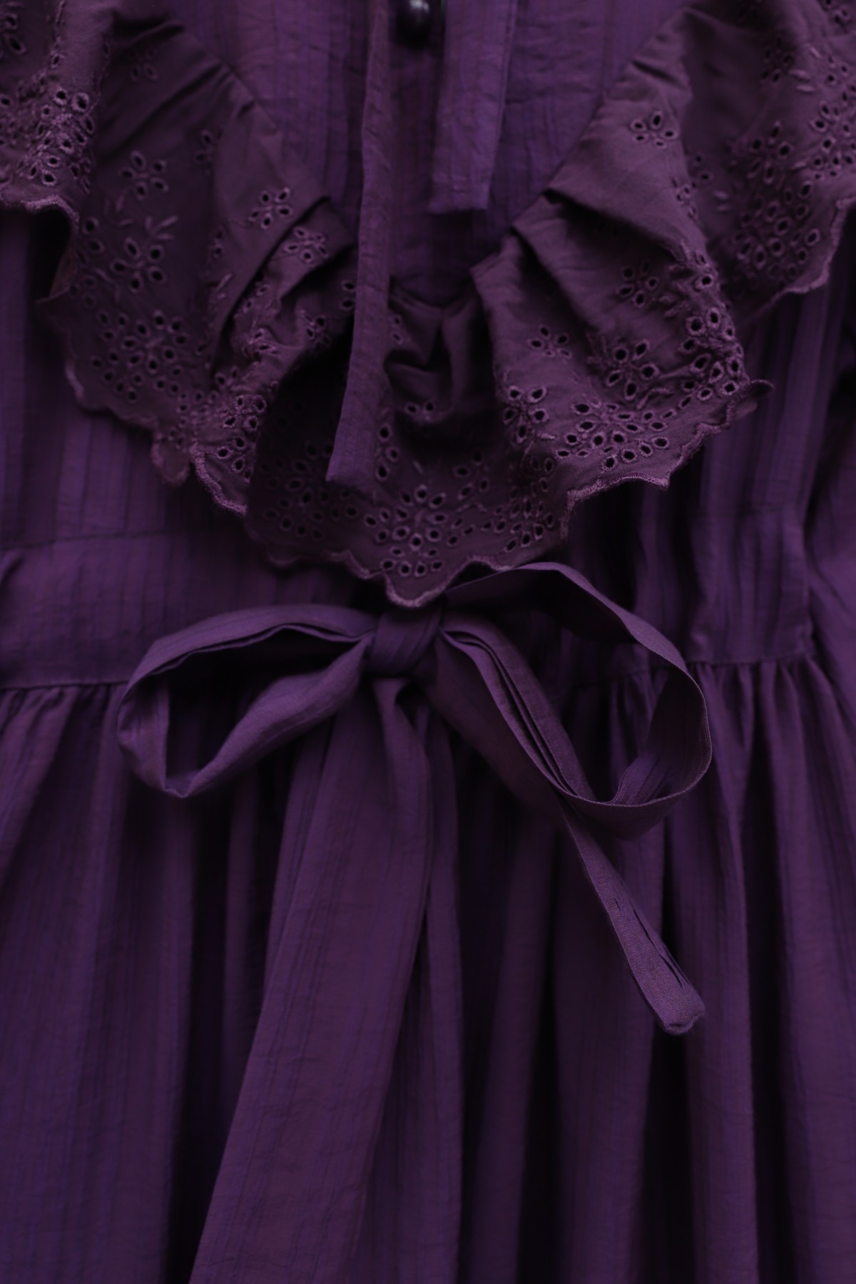 Lined crinkle dress with lace detailing at the neckline and waist.  - Purple