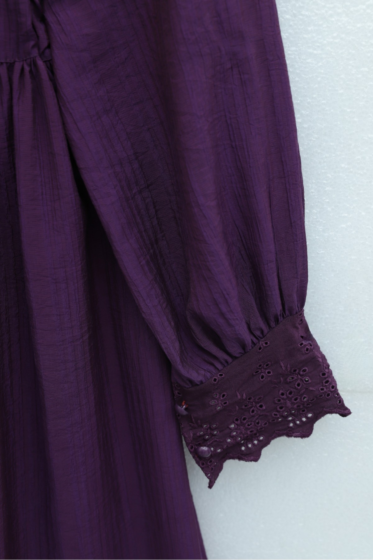 Lined crinkle dress with lace detailing at the neckline and waist.  - Purple