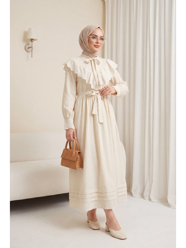 Yakası Ve Beli Bağlamalı Fistolu Astarlı Krinkıl Elbise -Taş