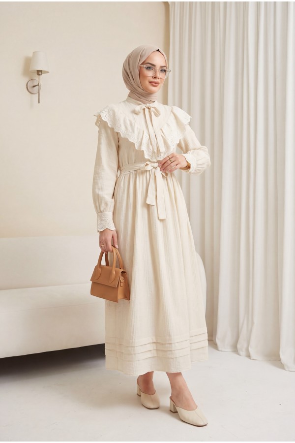 Yakası Ve Beli Bağlamalı Fistolu Astarlı Krinkıl Elbise -Taş