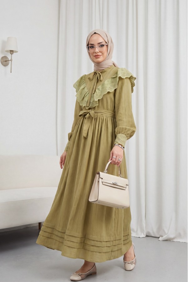 Yakası Ve Beli Bağlamalı Fistolu Astarlı Krinkıl Elbise -Yağ Yeşili