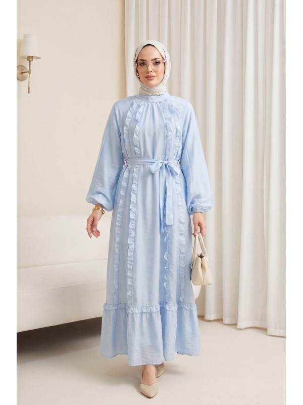 Cupra Dress with Ruffled Front, Belted Waist, Elasticated Sleeves, and Lining -Baby Blue