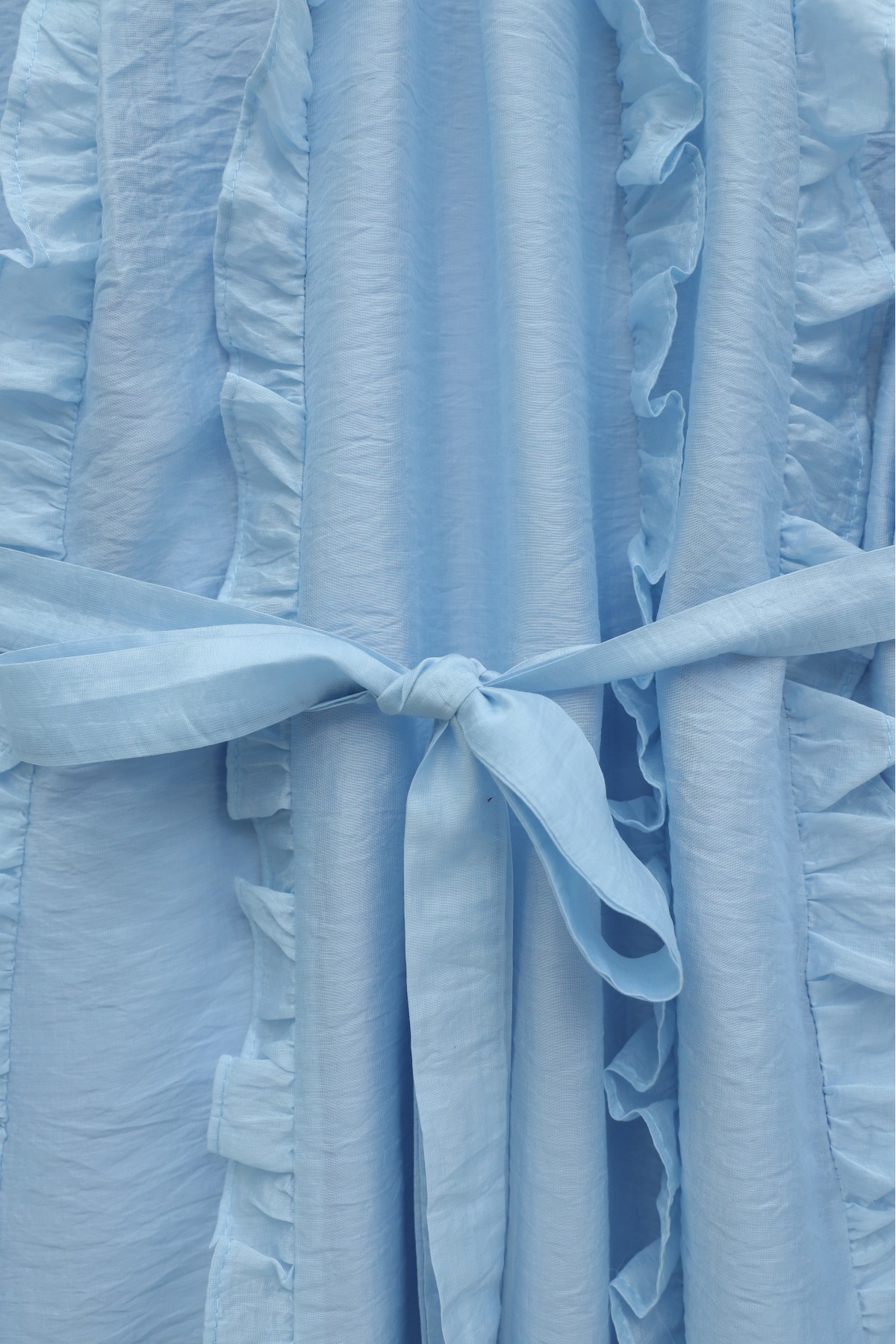 Önü Fırfırlı Beli Kemerli Kolu Lastikli Astarlı Cupra Elbise -Bebe Mavi