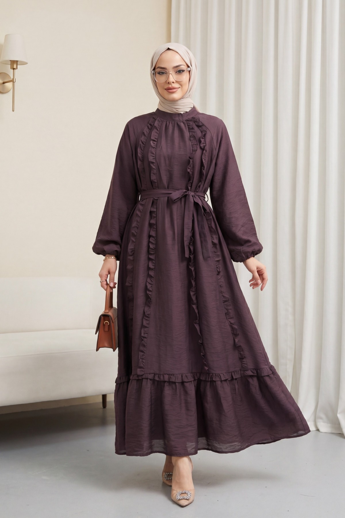 Önü Fırfırlı Beli Kemerli Kolu Lastikli Astarlı Cupra Elbise -K. Bordo