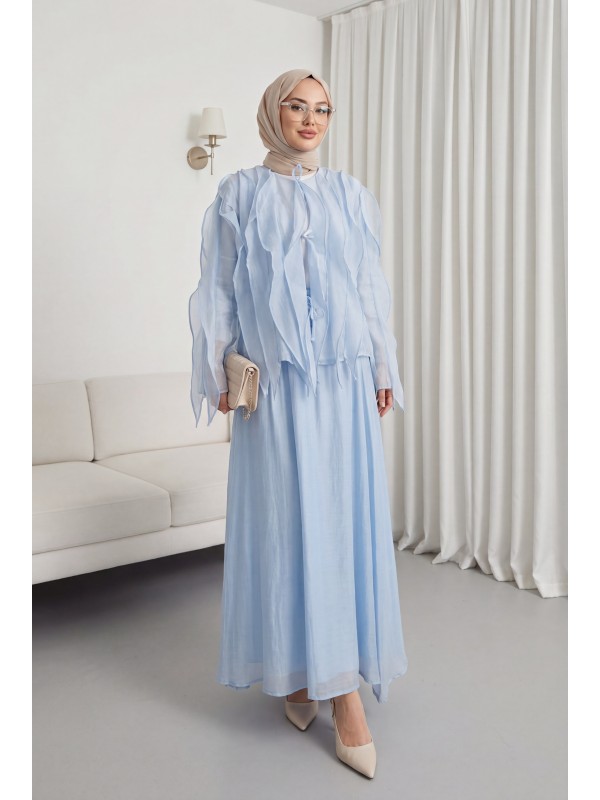 Önü Bağlamalı Fırfırlı Astarlı Asimetrik Kesim Cupra Takım  -Bebe Mavi