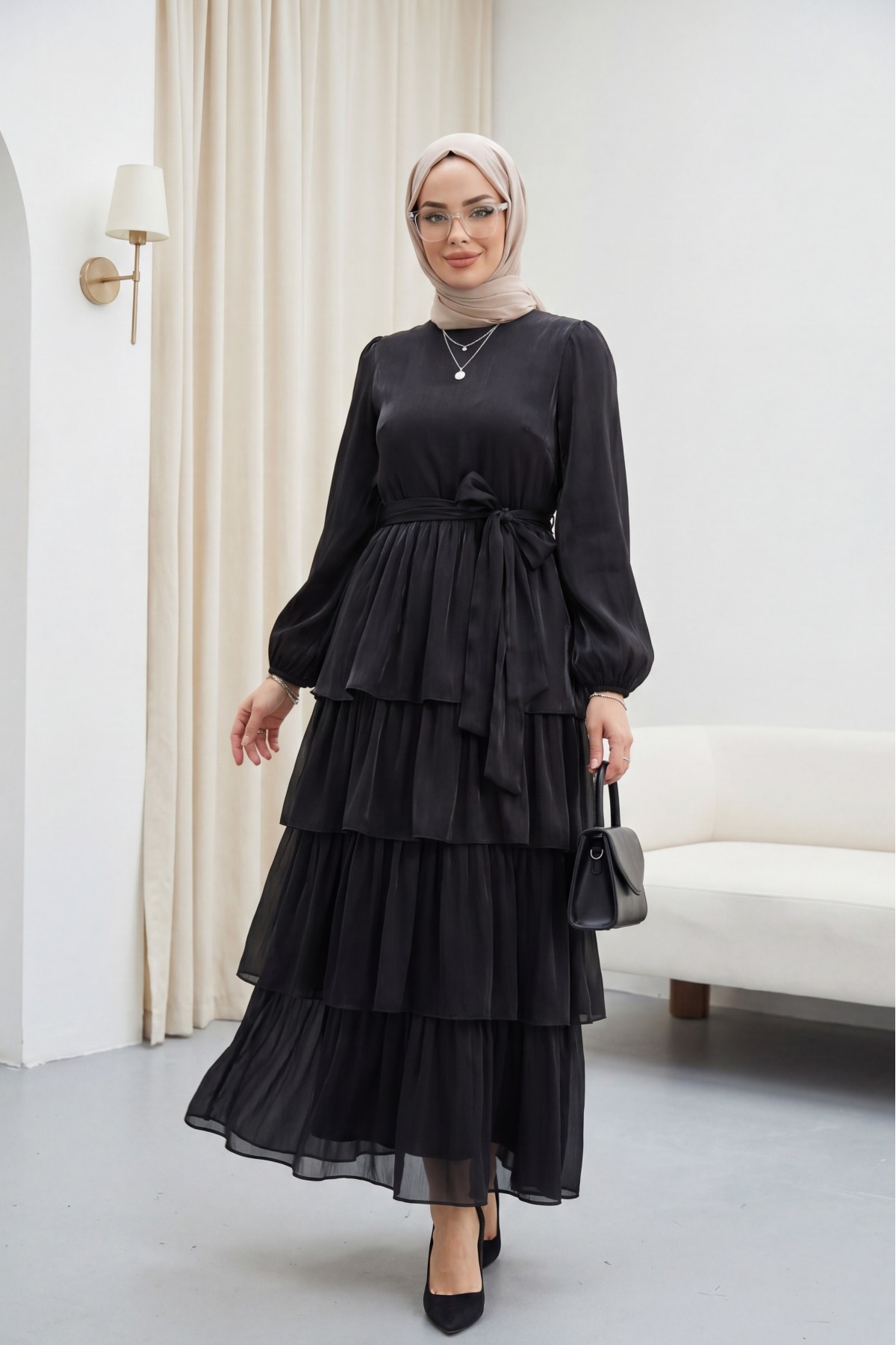 Shimmering Chiffon Dress with Elasticated Sleeves, Drawstring Waist, and Layered Skirt -Black