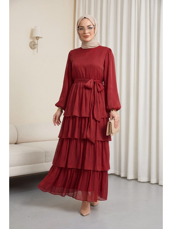 Shimmering Chiffon Dress with Elasticated Sleeves, Drawstring Waist, and Layered Skirt -Maroon