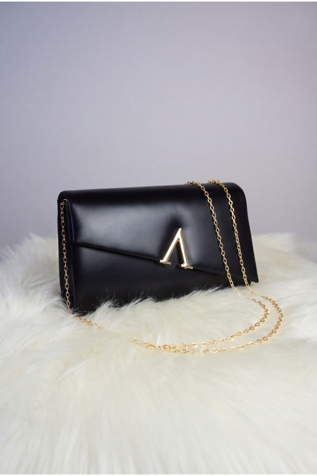 Patent Leather Evening Bag with Geometric Buckle and Thin Chain -Black