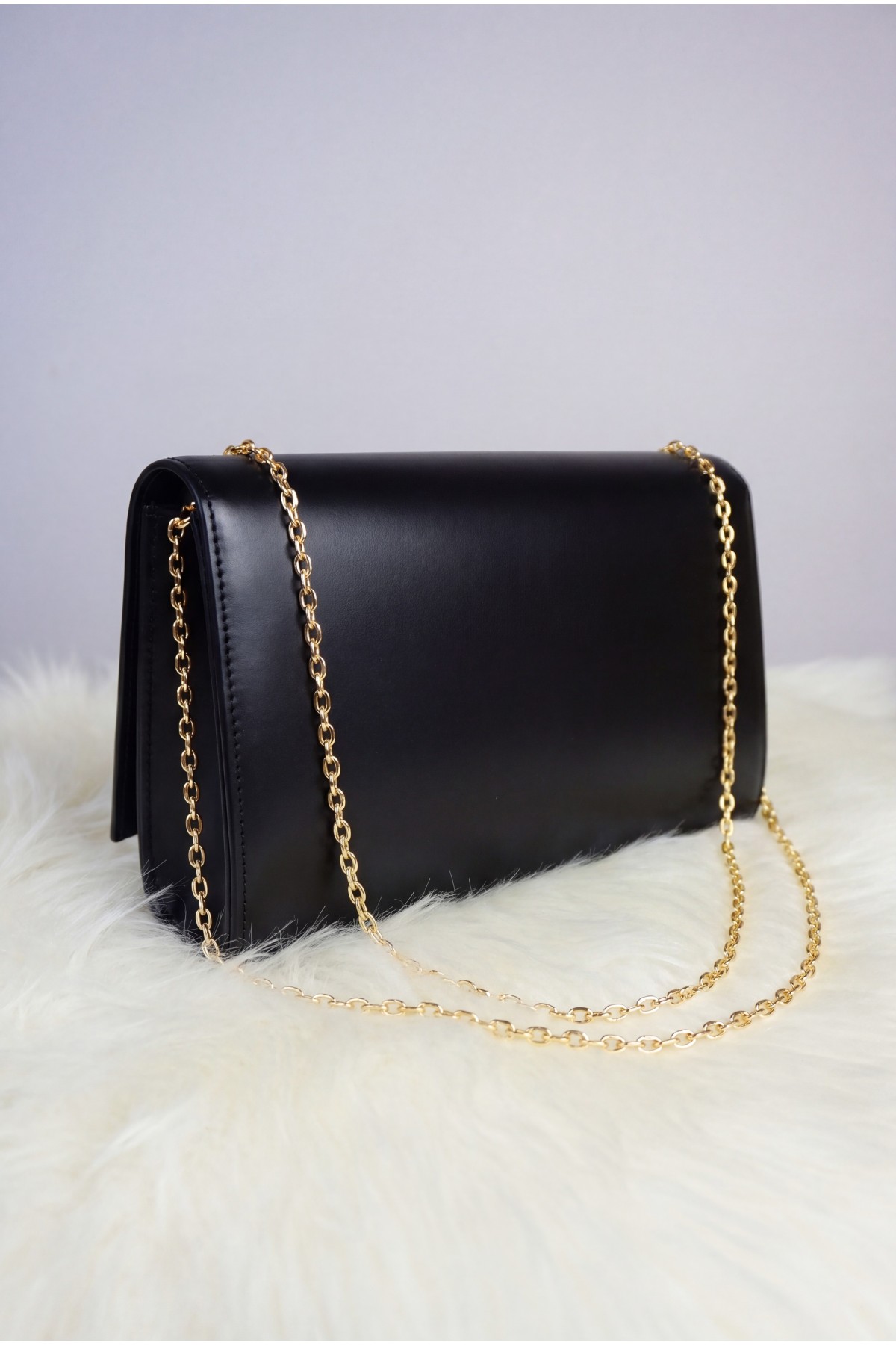 Patent Leather Evening Bag with Geometric Buckle and Thin Chain -Black
