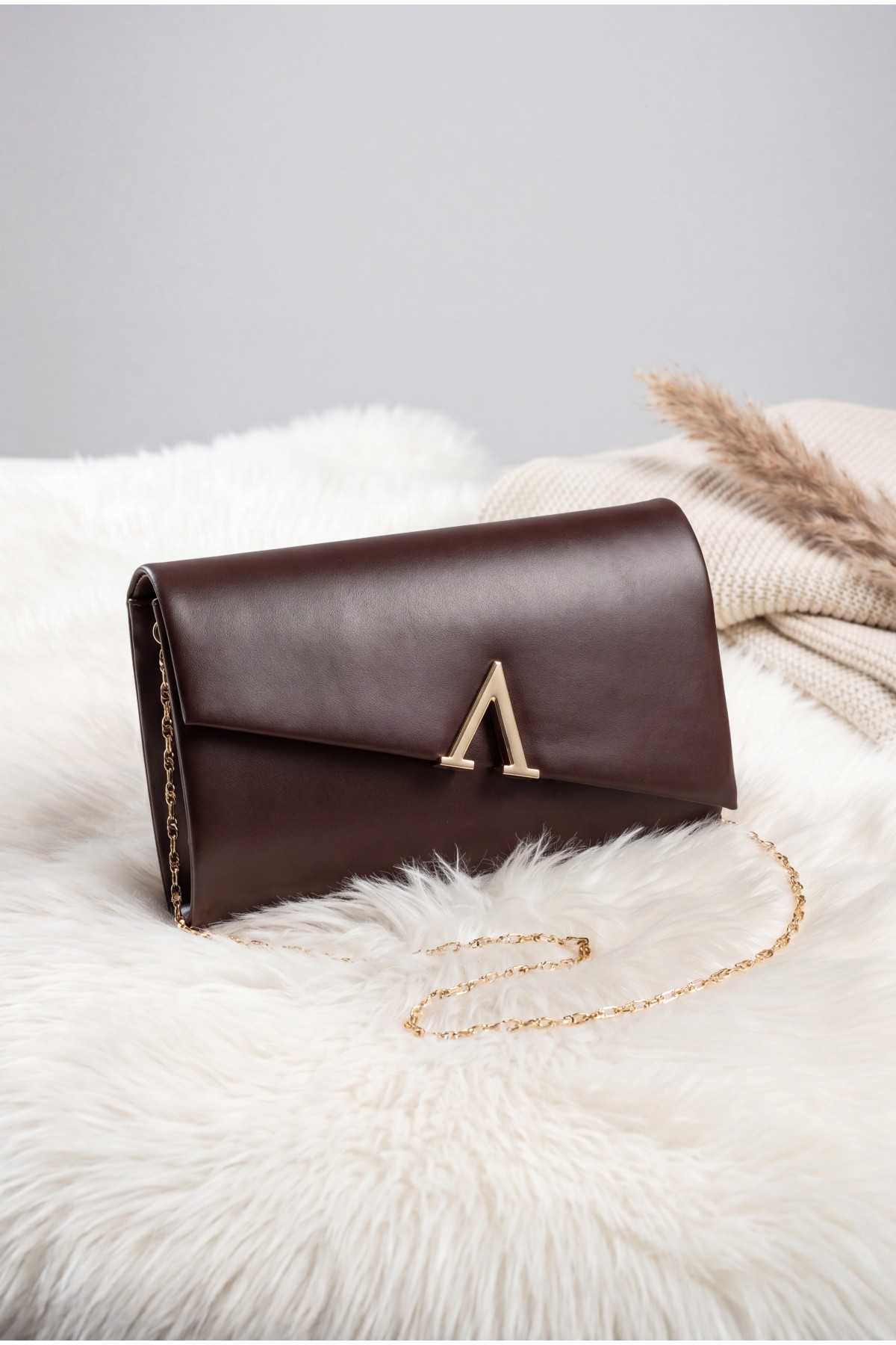 Patent Leather Evening Bag with Geometric Buckle and Thin Chain -Brown