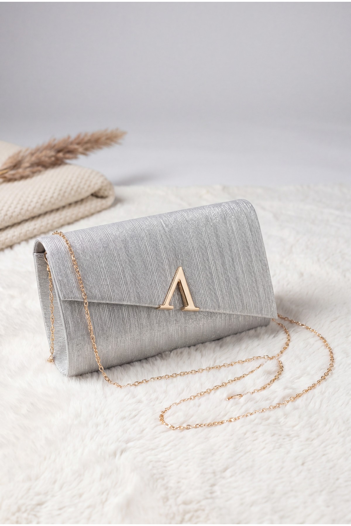 Geometric Buckle, Thin Chain, Glittery Evening Bag -Silver