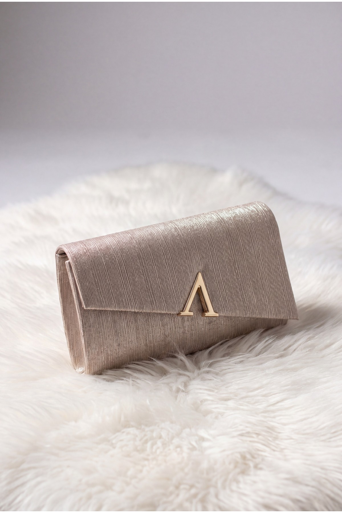 Geometric Buckle, Thin Chain, Glittery Evening Bag - Beige
