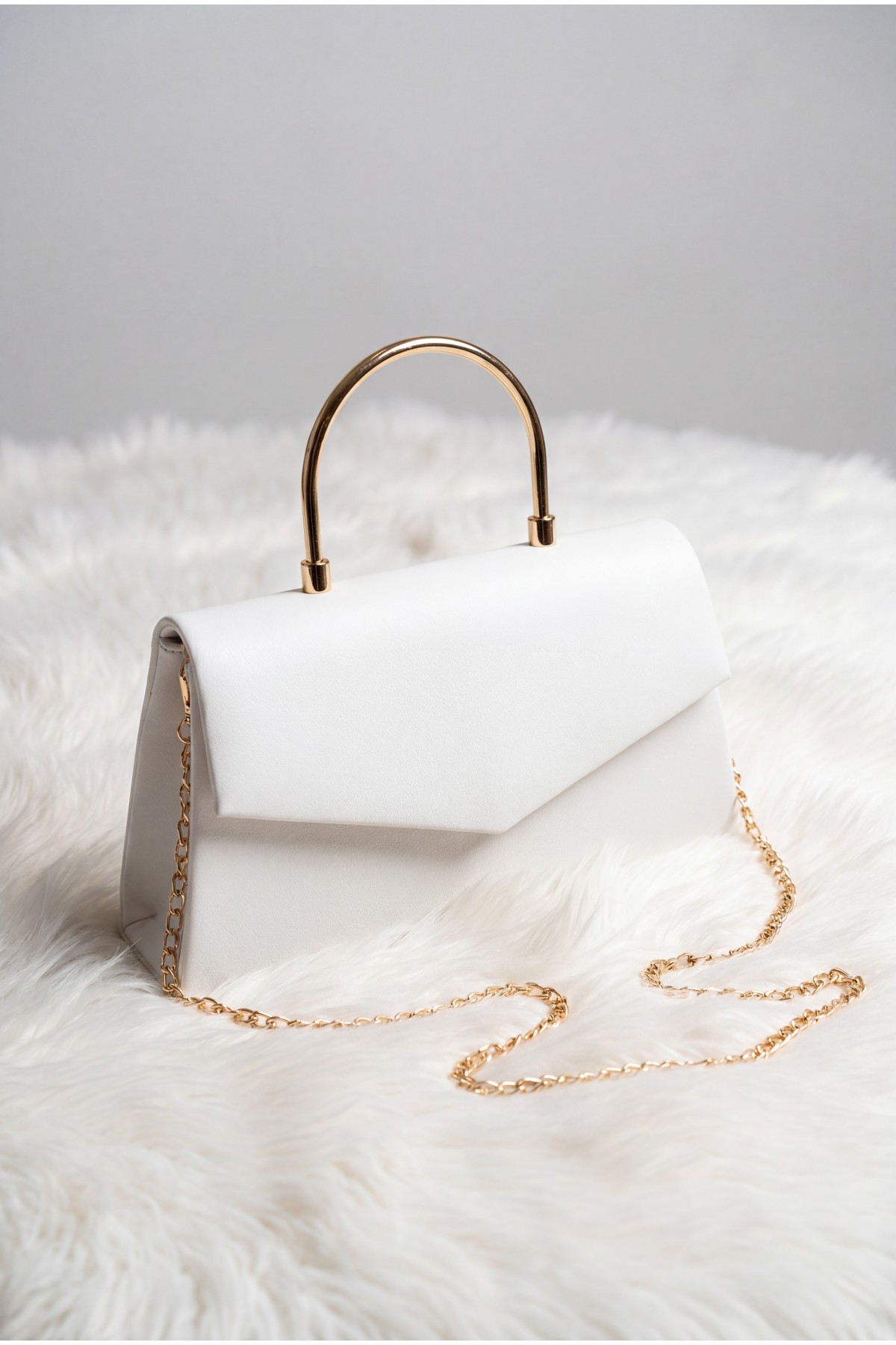 Patent Leather Evening Bag with Metal Handle, Chain, and Envelope Flap -White