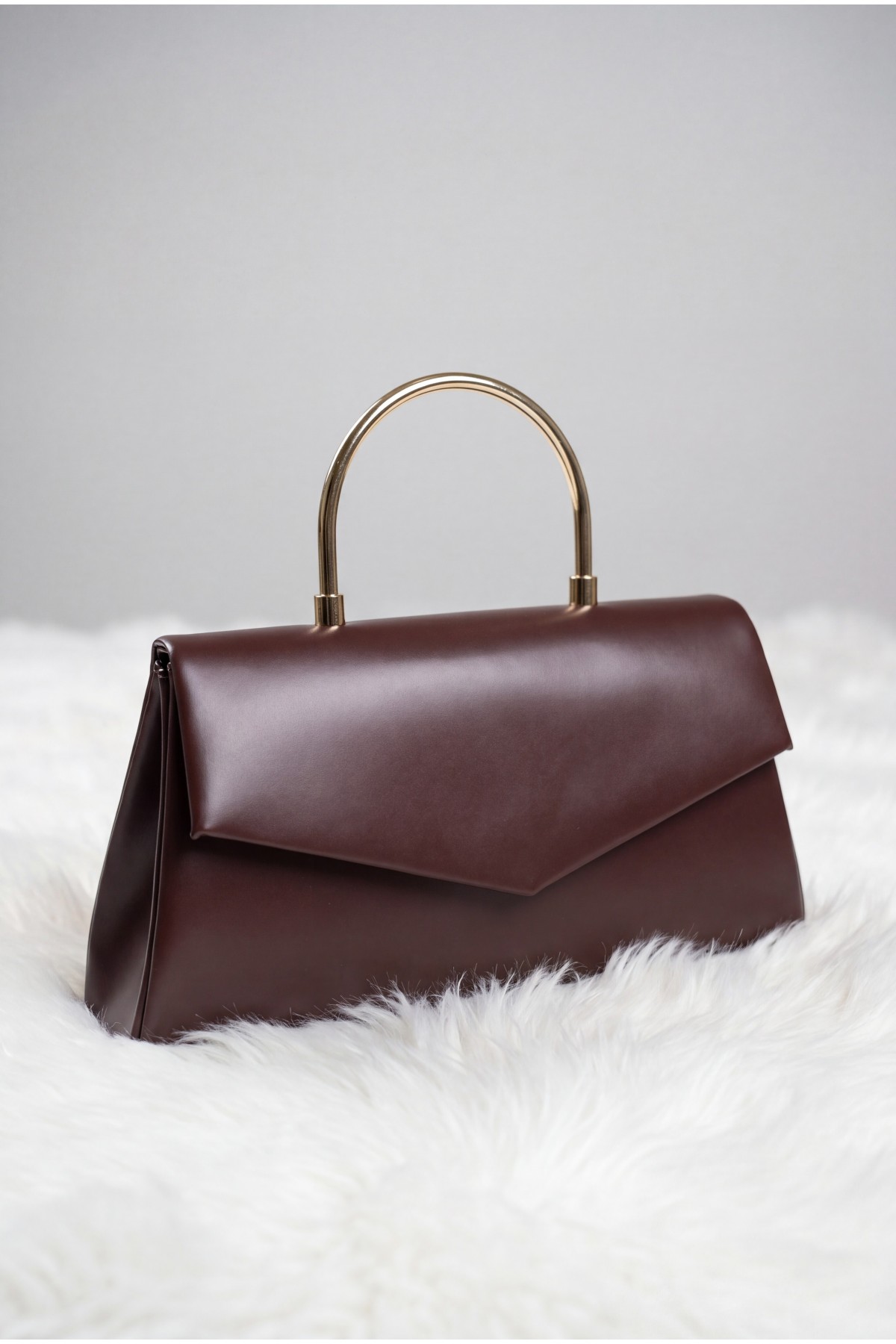 Patent Leather Evening Bag with Metal Handle, Chain, and Envelope Flap -Brown