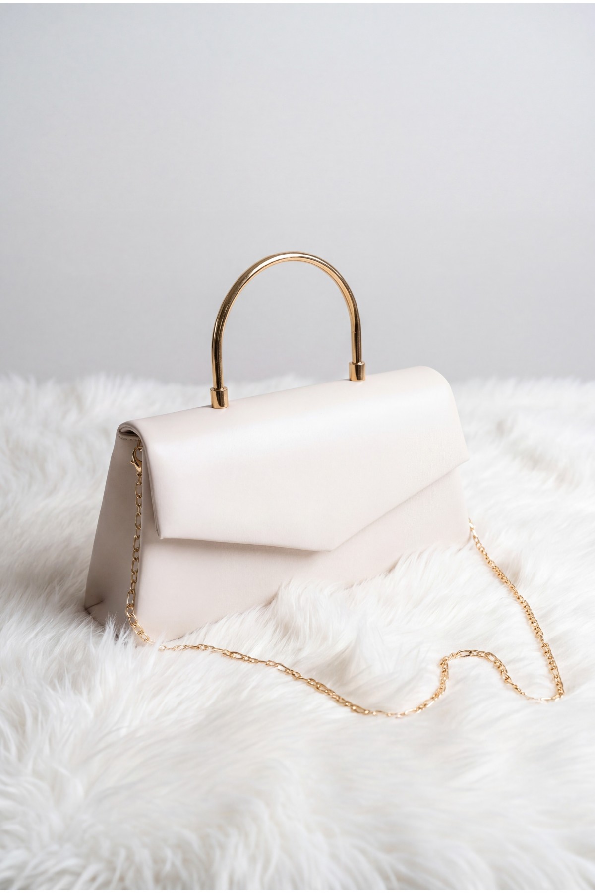 Patent Leather Evening Bag with Metal Handle, Chain, and Envelope Flap -Cream color