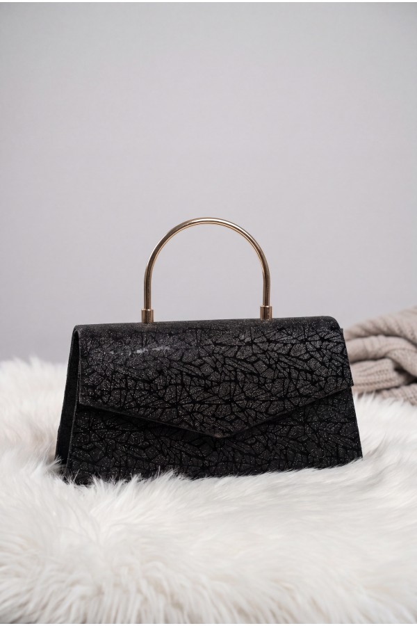 Metal Handle Chain Envelope Flap Patterned Glittery Evening Bag -Black