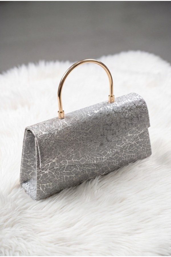 Metal Handle Chain Envelope Flap Patterned Glittery Evening Bag -Grey