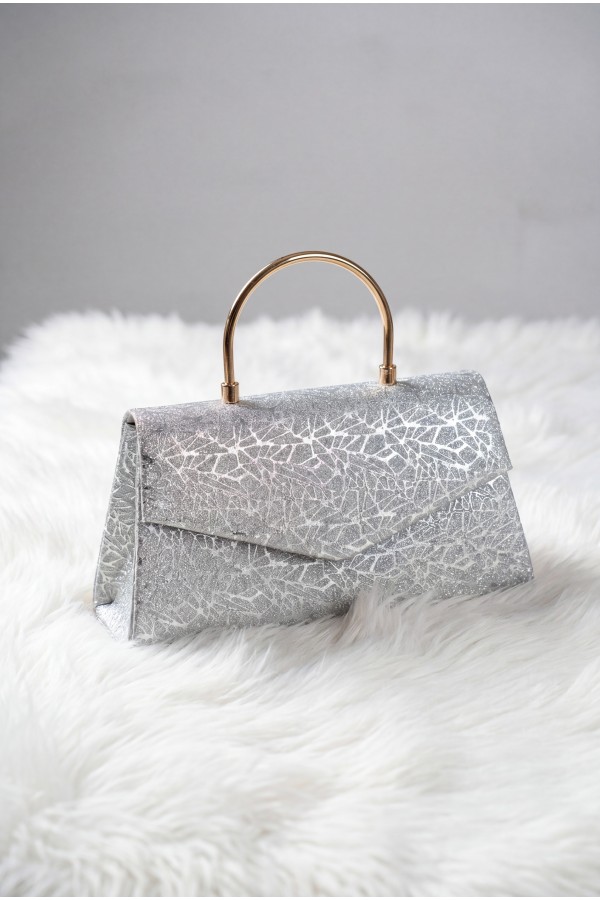 Metal Handle Chain Envelope Flap Patterned Glittery Evening Bag -Silver