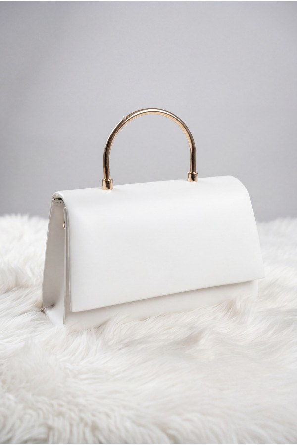 Patent Leather Evening Bag with Metal Handle and Chain Closure -White
