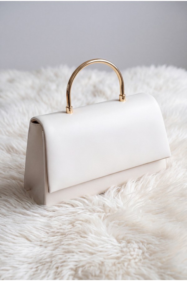 Patent Leather Evening Bag with Metal Handle and Chain Closure -Cream color