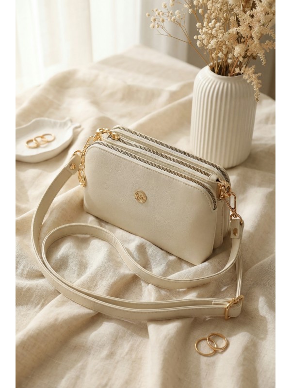 Three-Compartment Center Shoulder Crossbody Bag - Beige