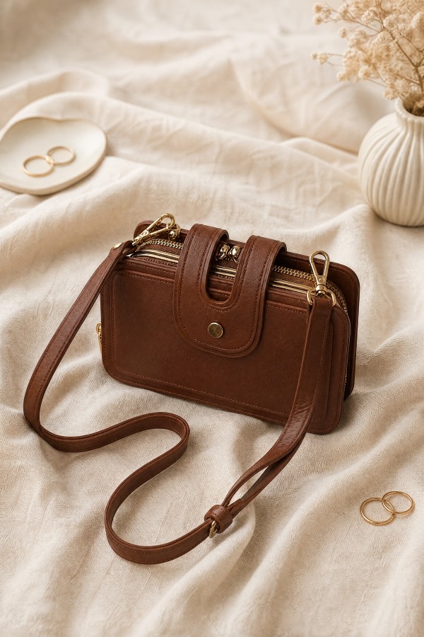 Gold Detailed Multifunctional Hand and Shoulder Bag   -Snuff