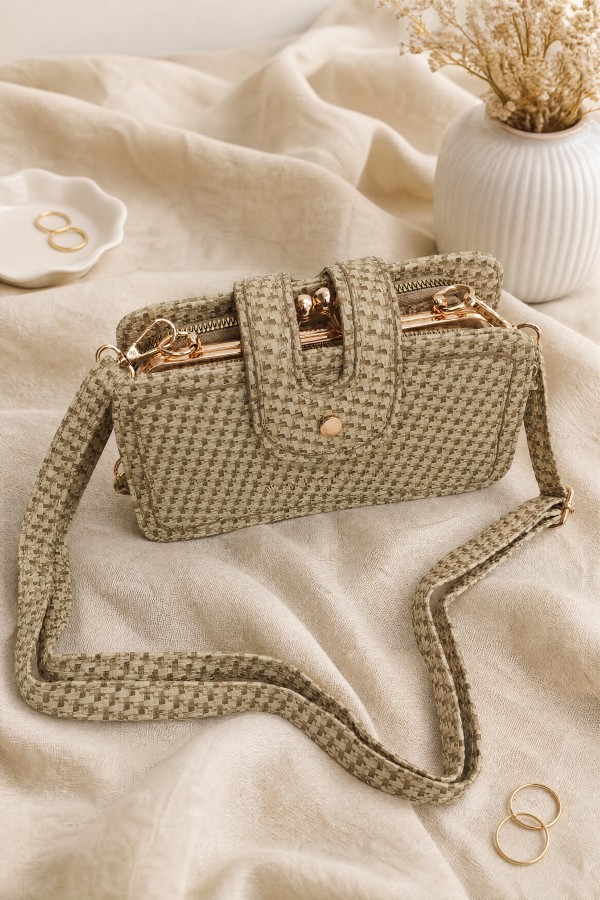 Gold Detailed Multifunctional Hand and Shoulder Bag    - Beige