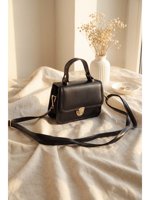 Box Bag with Lockable Lid, Handles and Long Strap -Black