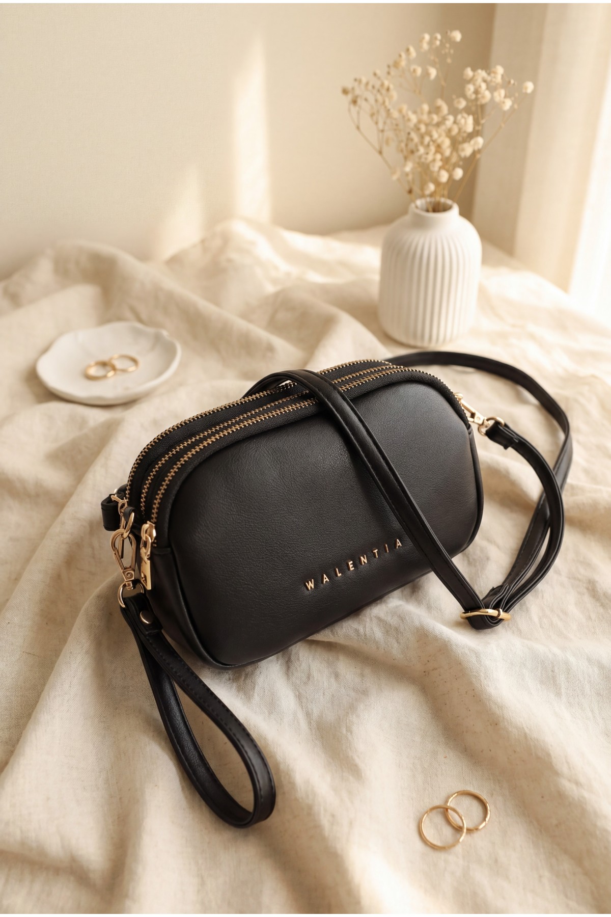 Three-Compartment Mini Clutch Bag with Long Strap -Black