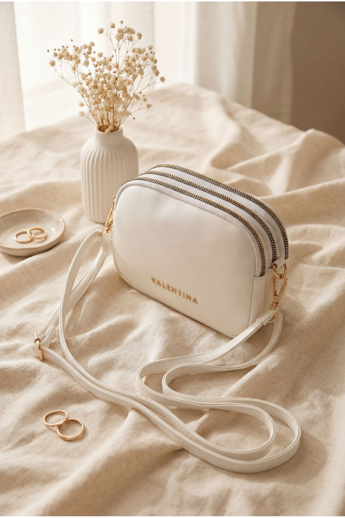 Three-Compartment Mini Clutch Bag with Long Strap -White