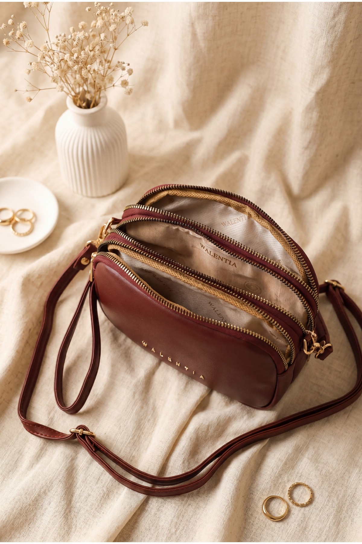 Three-Compartment Mini Clutch Bag with Long Strap -Maroon