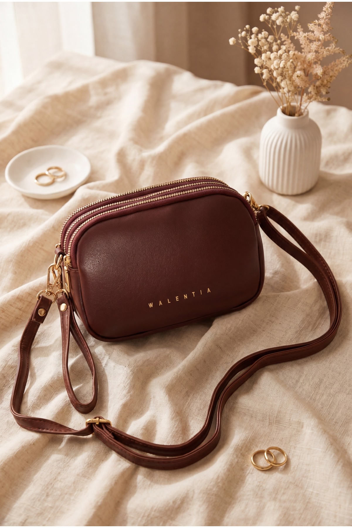 Three-Compartment Mini Clutch Bag with Long Strap -Maroon
