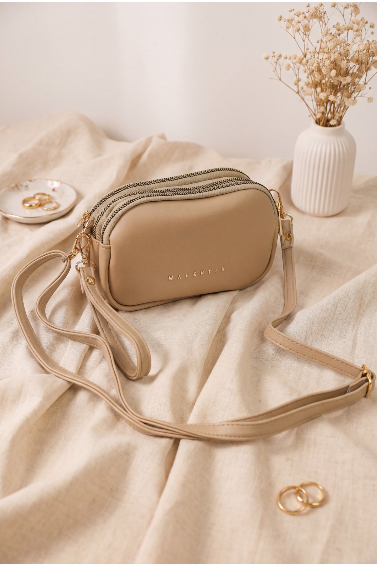 Three-Compartment Mini Clutch Bag with Long Strap -Mink color