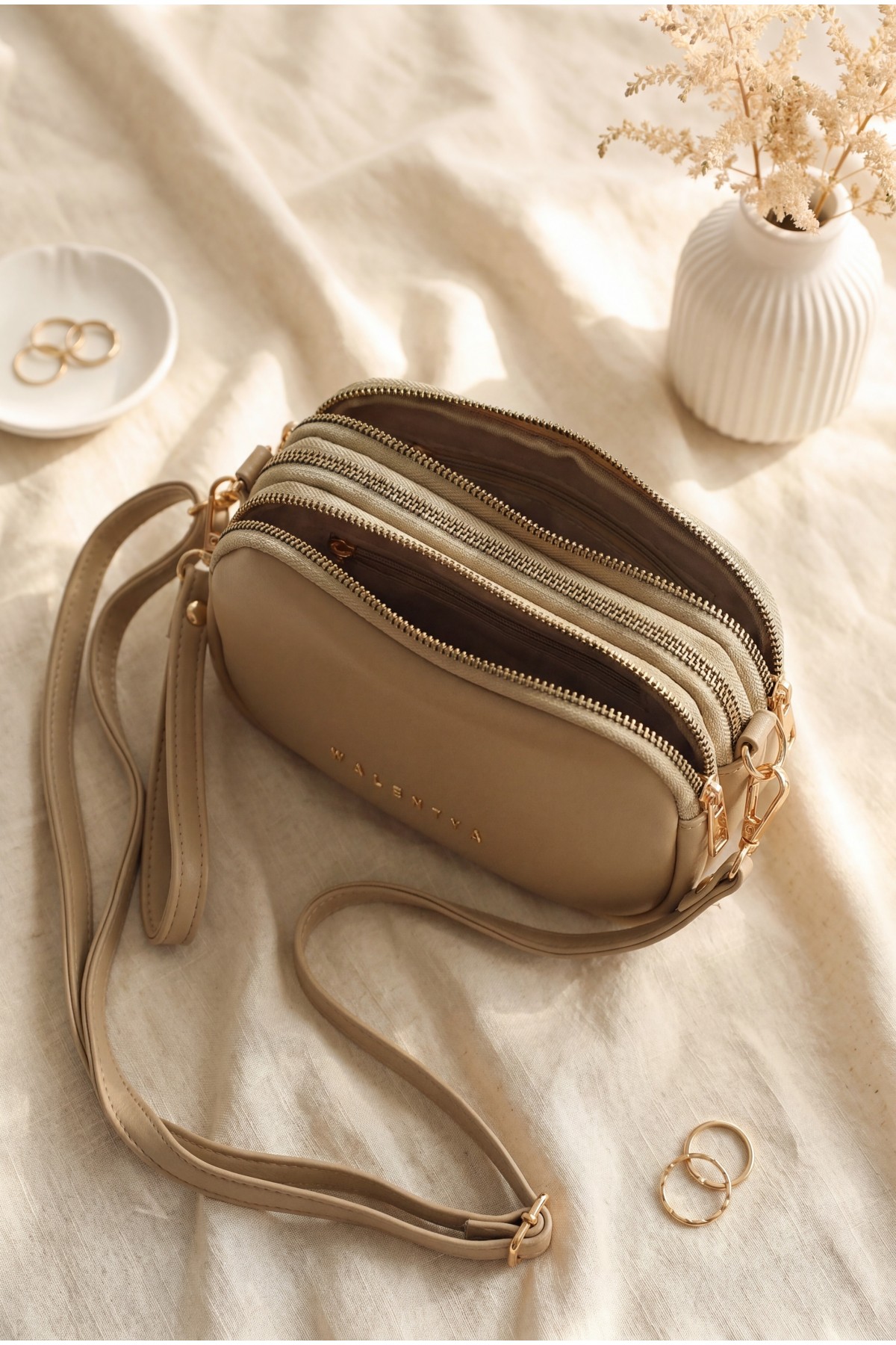 Three-Compartment Mini Clutch Bag with Long Strap -Mink color