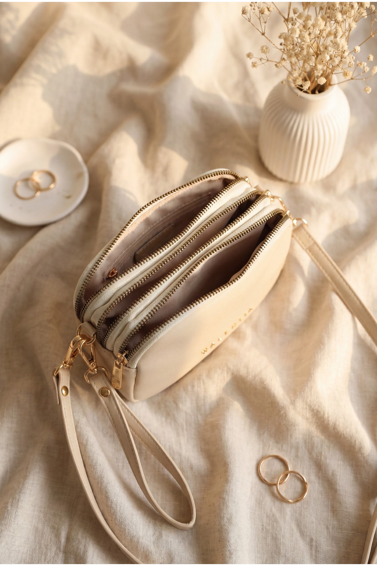 Three-Compartment Mini Clutch Bag with Long Strap - Beige
