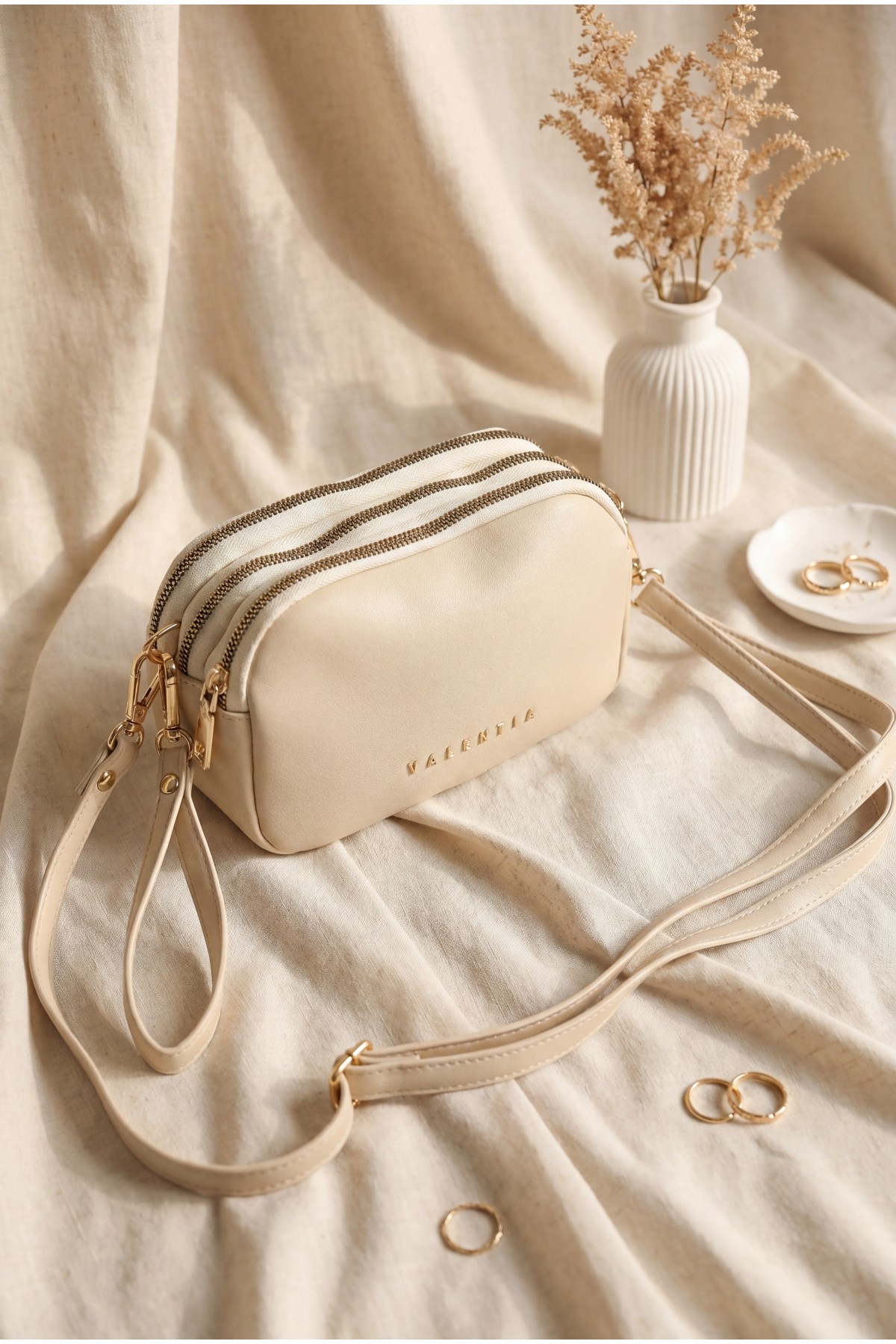 Three-Compartment Mini Clutch Bag with Long Strap - Beige