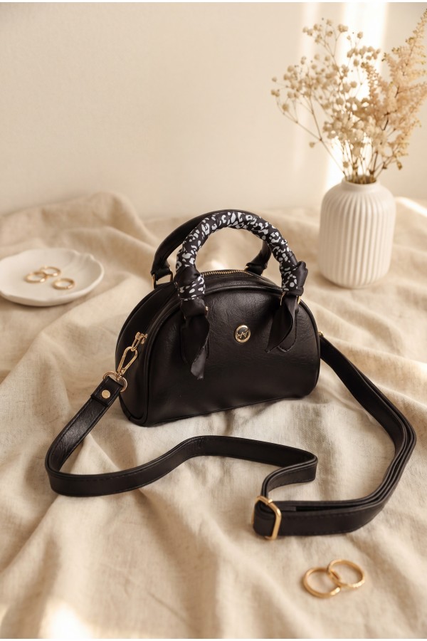 Long-Strap Zippered Bag with Scarf Detail -Black