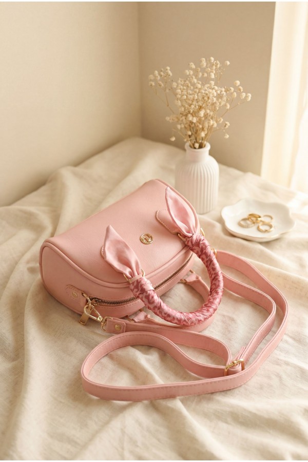 Long-Strap Zippered Bag with Scarf Detail -Powder
