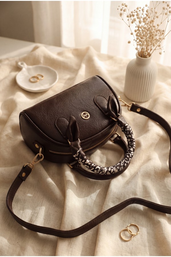 Long-Strap Zippered Bag with Scarf Detail -Dark Coffee