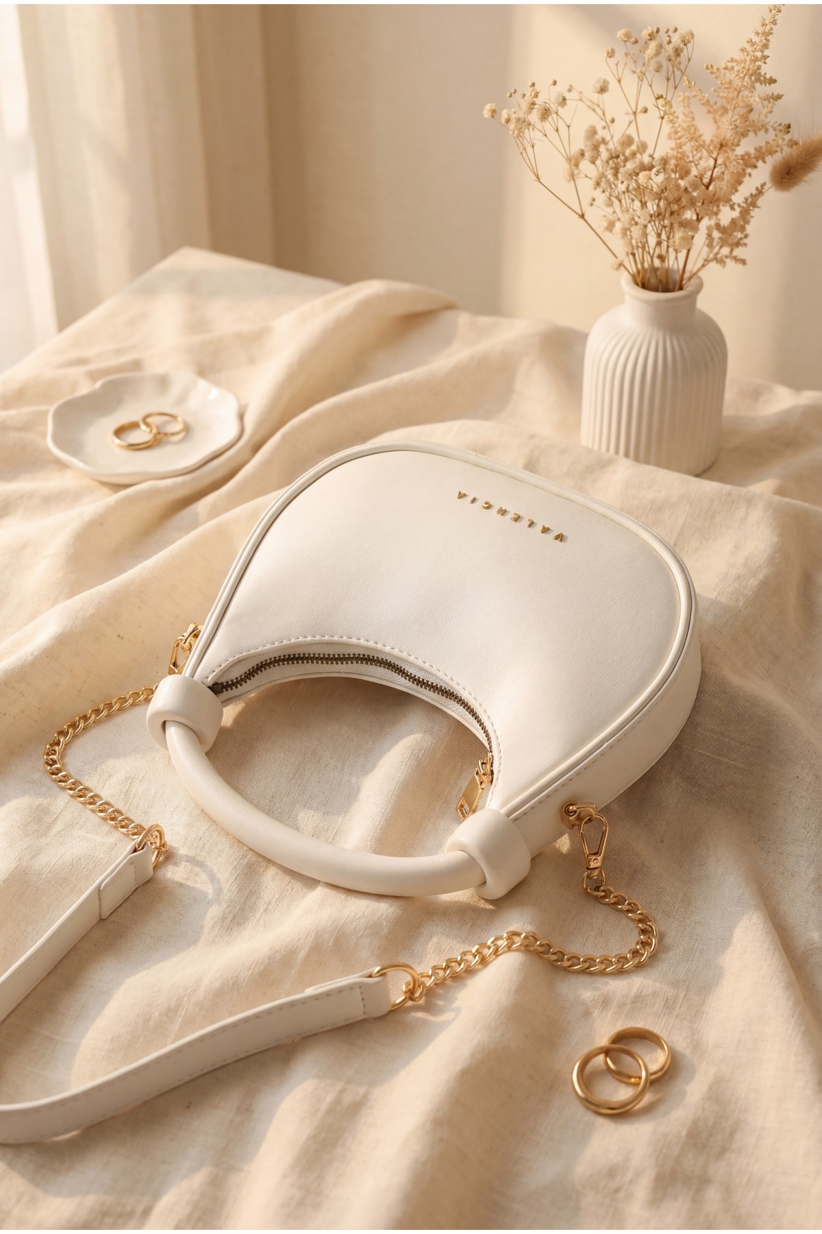 Modern Design Mini Hobo Bag with Knotted Handle and Shoulder Strap -White