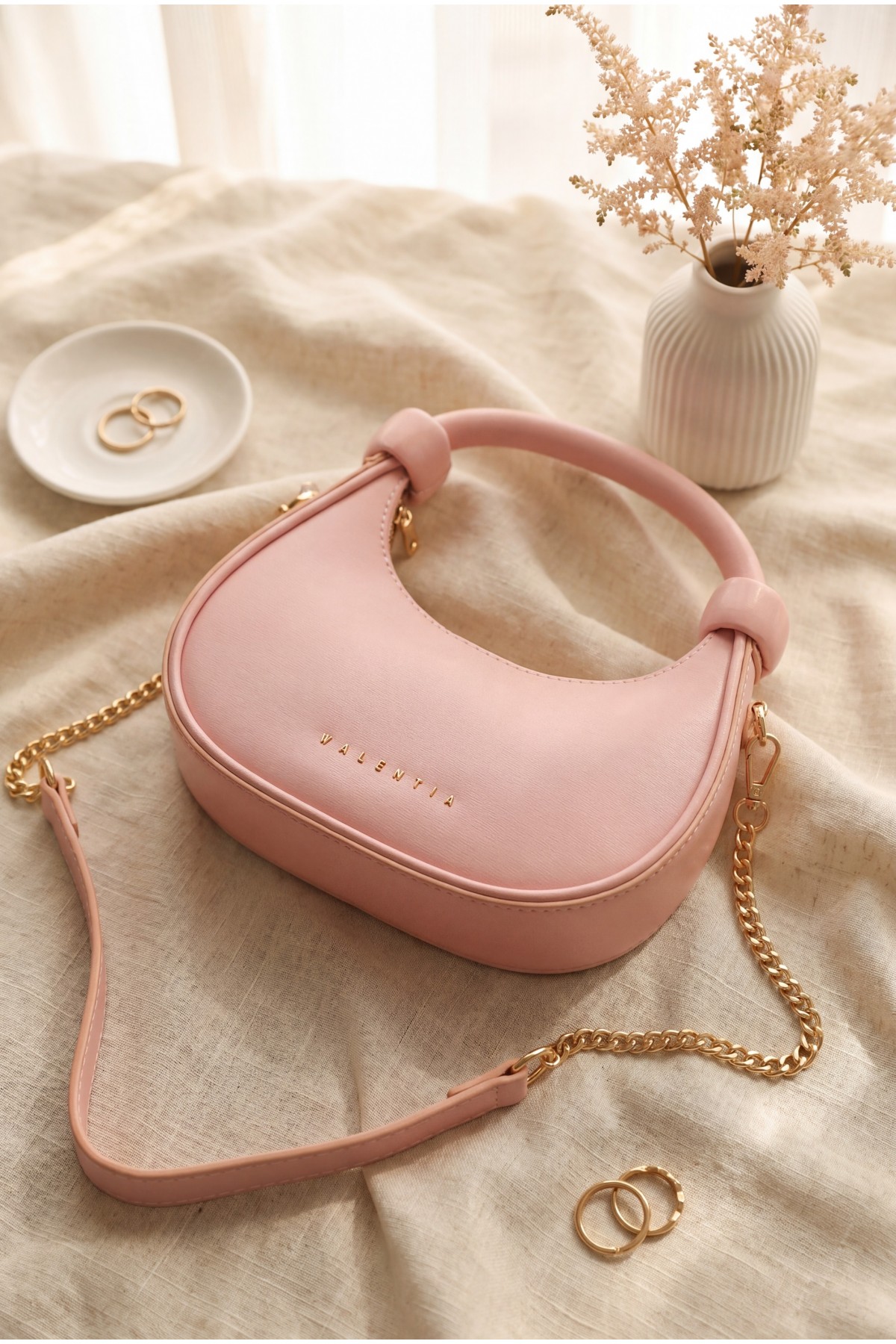 Modern Design Mini Hobo Bag with Knotted Handle and Shoulder Strap -Powder