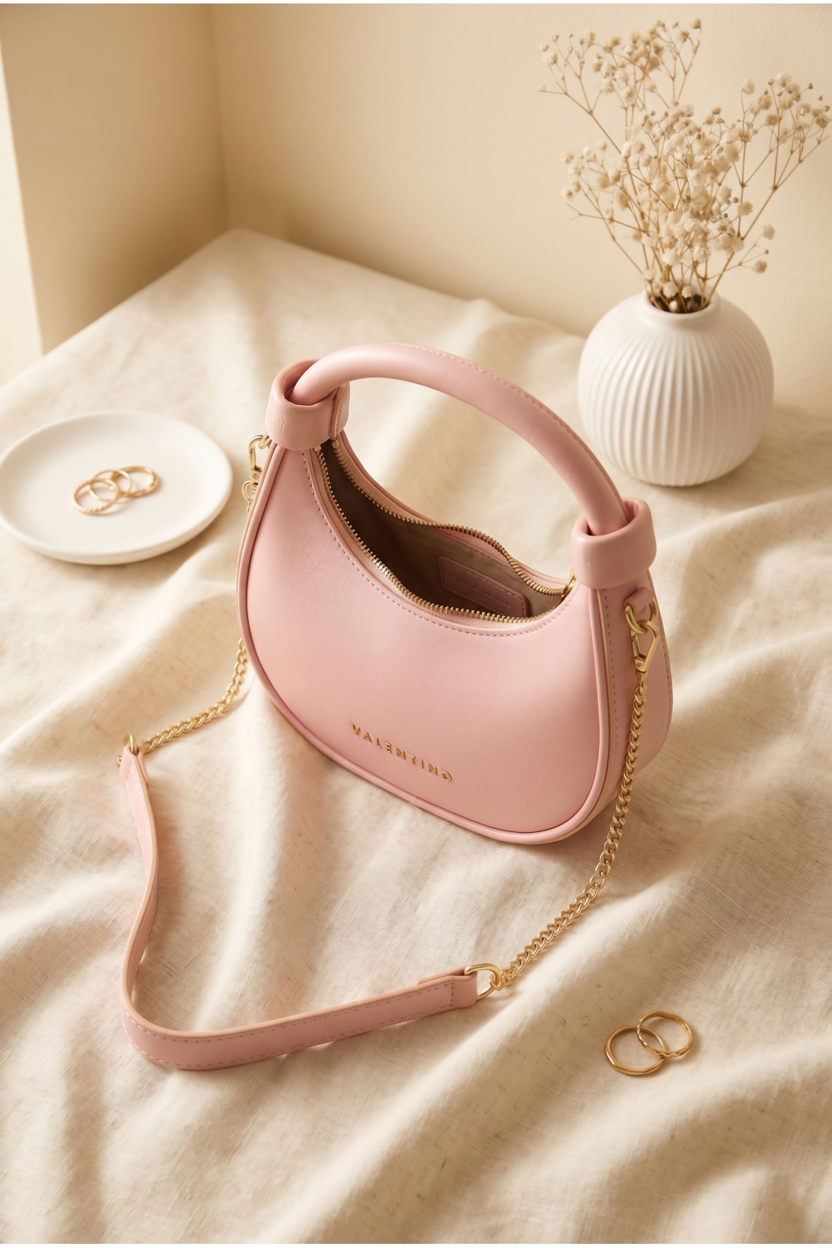 Modern Design Mini Hobo Bag with Knotted Handle and Shoulder Strap -Powder