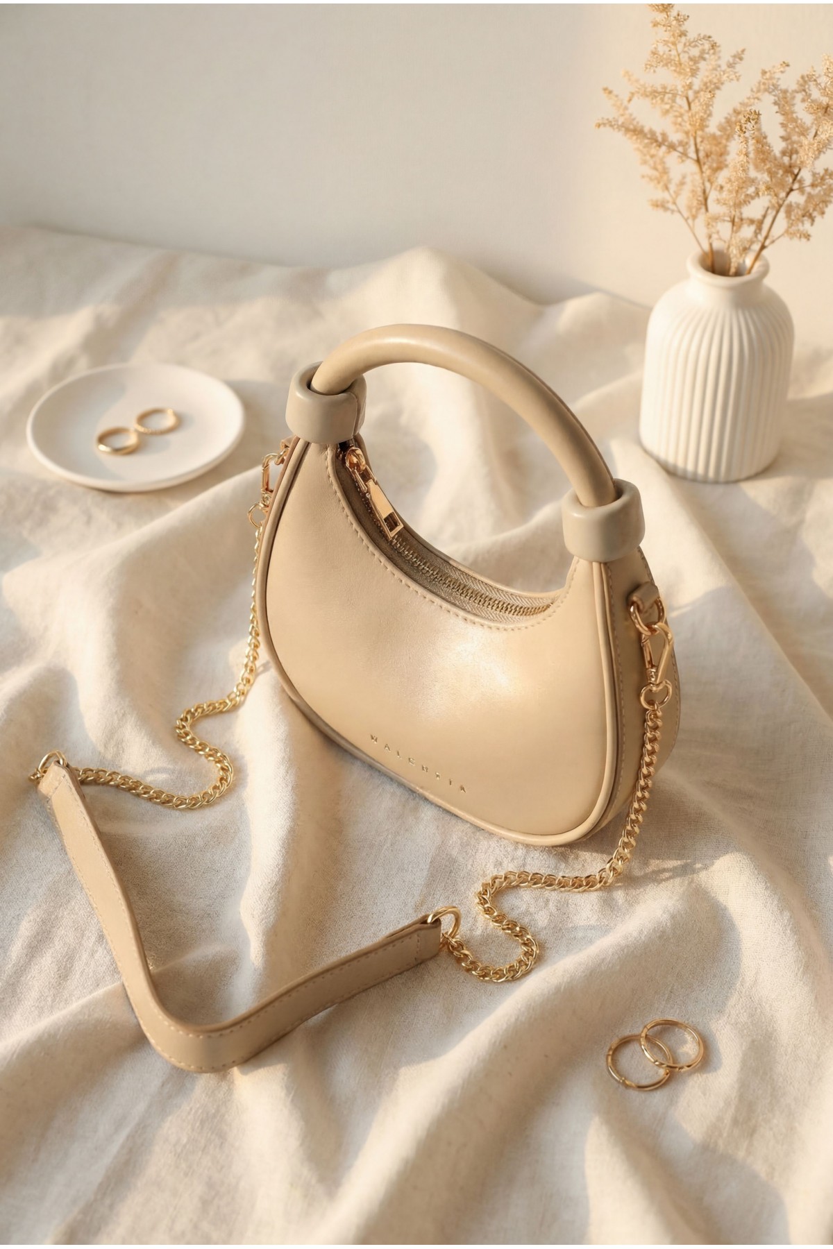 Modern Design Mini Hobo Bag with Knotted Handle and Shoulder Strap -Mink color