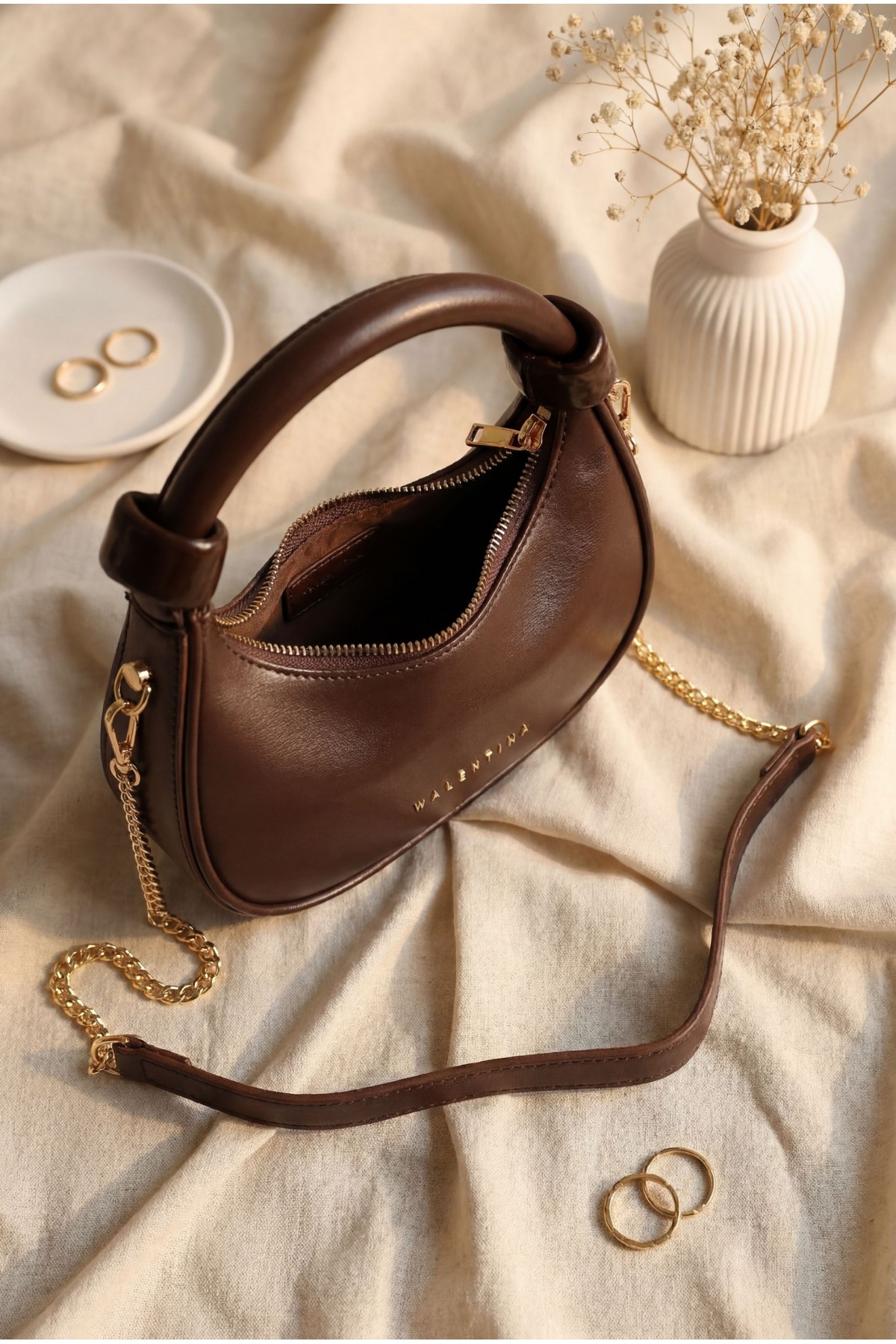 Modern Design Mini Hobo Bag with Knotted Handle and Shoulder Strap -Dark Coffee