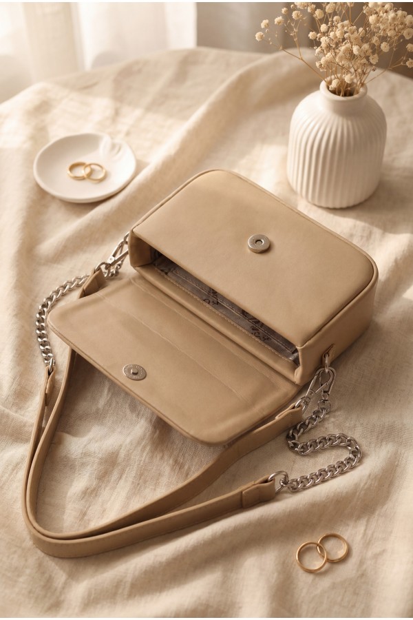 Box Bag with Removable Double Straps and Magnetic Closure -Mink color