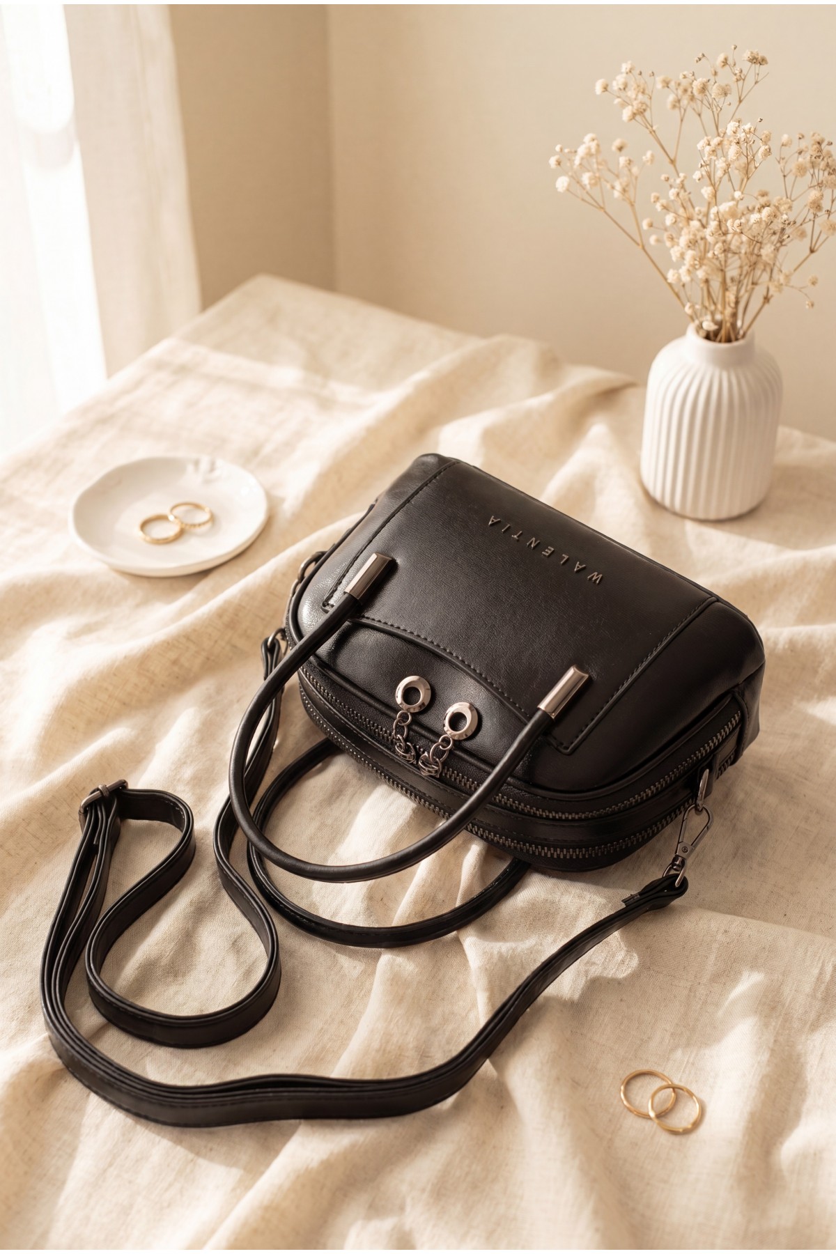 حقيبة صغيرة بمقبض قصير وحزام طويل وسحاب مزدوج -أسود
